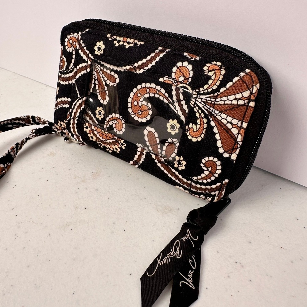 Vera Bradley Paisley Quilted Zip Around Wristlet Wallet Black Brown ID Window